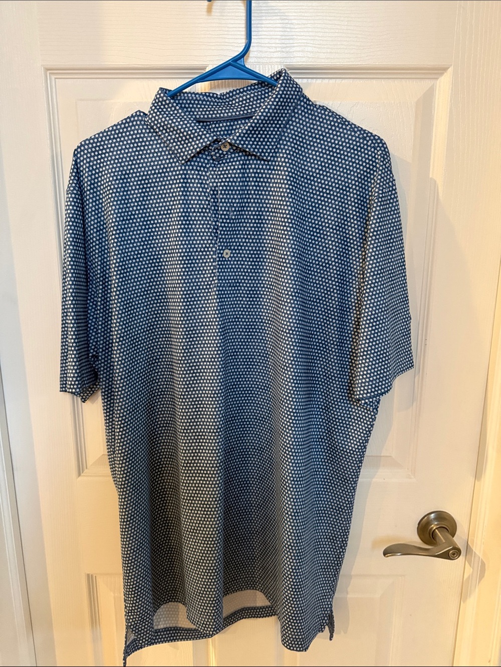 johnnie-O Navy Polo with White Micro Dot Print, Skaneateles Country Club Logo